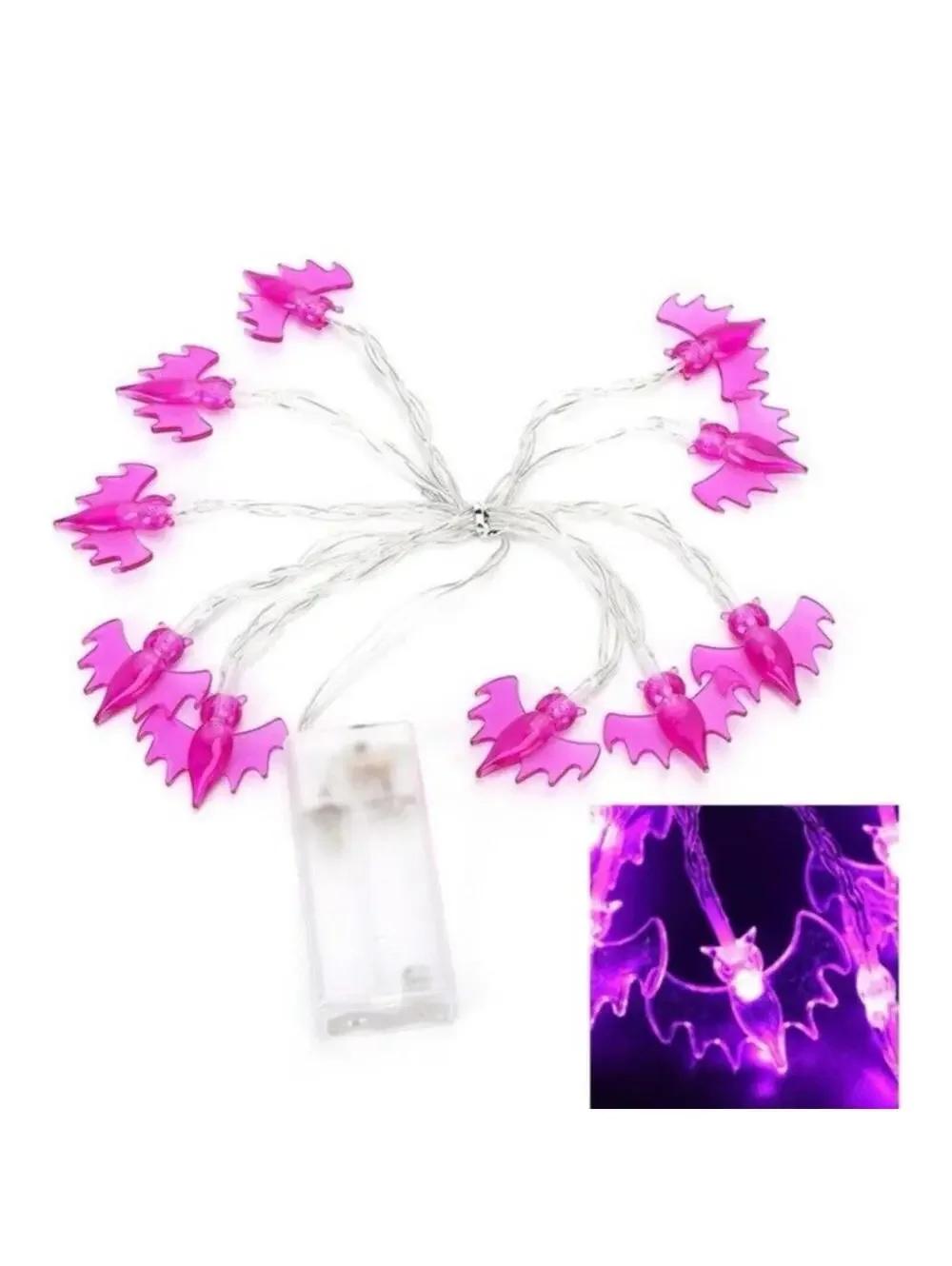 Halloween Purple LED Bat String Lights Indoor Outdoor Decor, 10pc, Battery, New
